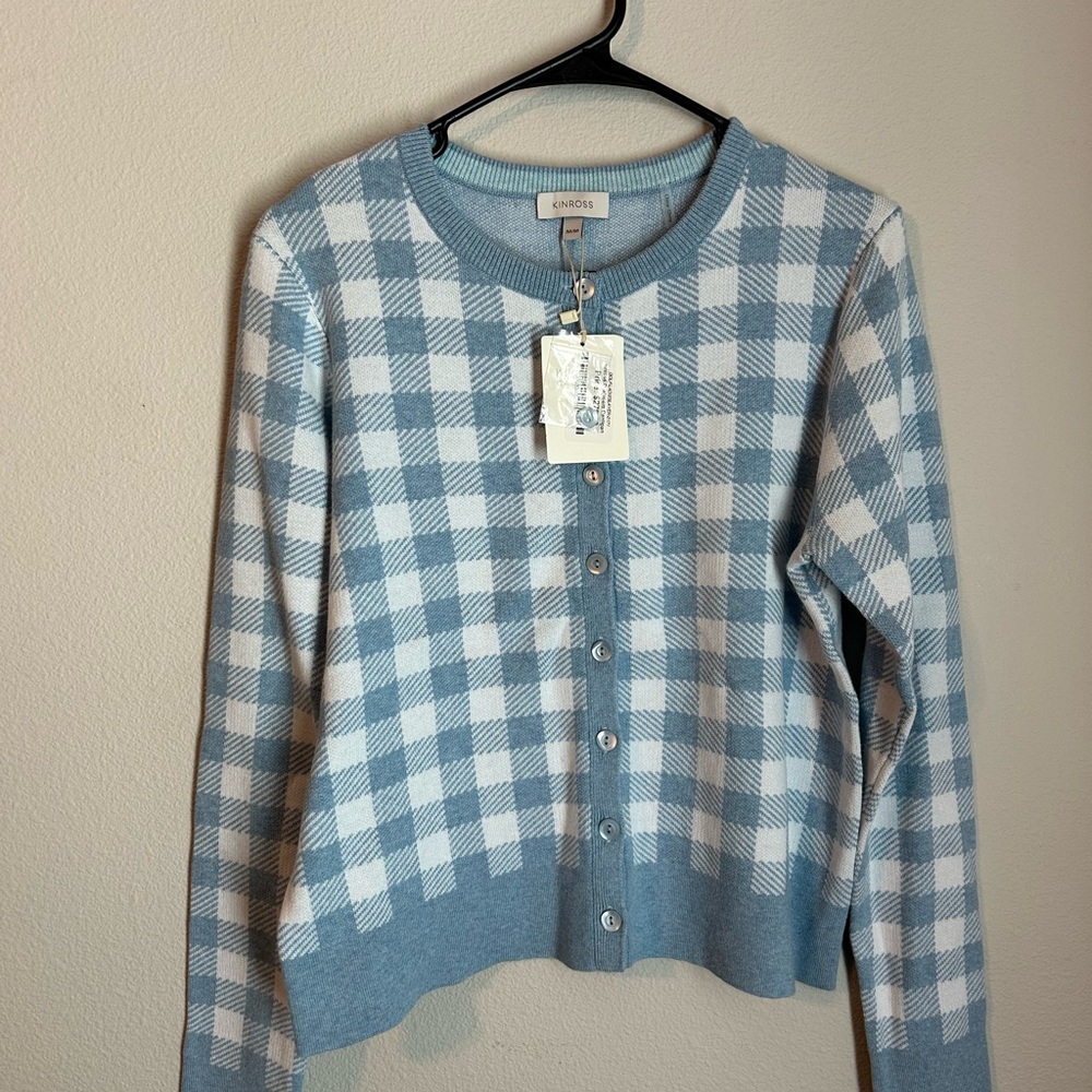 Women’s Kinross Cardigan Button Sweater Pastel Blue Check Size M